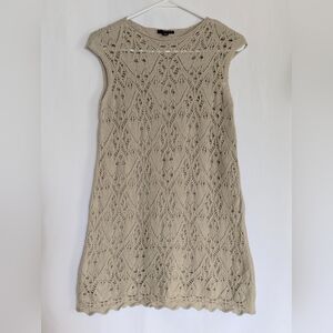 Sisley Womens XS Taupe Lace Mini See through Sweater Dress Crochet Wool Accent